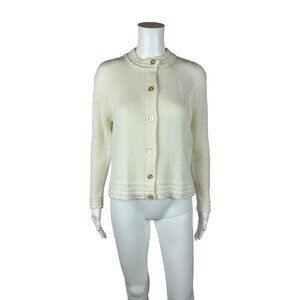 Vintage 50s Cream Cardigan Women's Large Turbo Orlon Ruffle Detail Sweater
